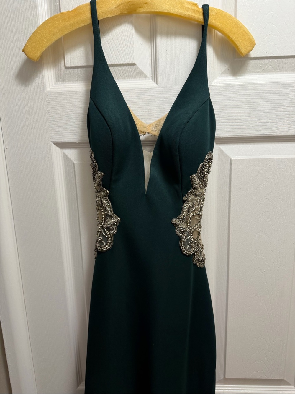 Faviana Deep Green Prom Dress with Silver Embellishment